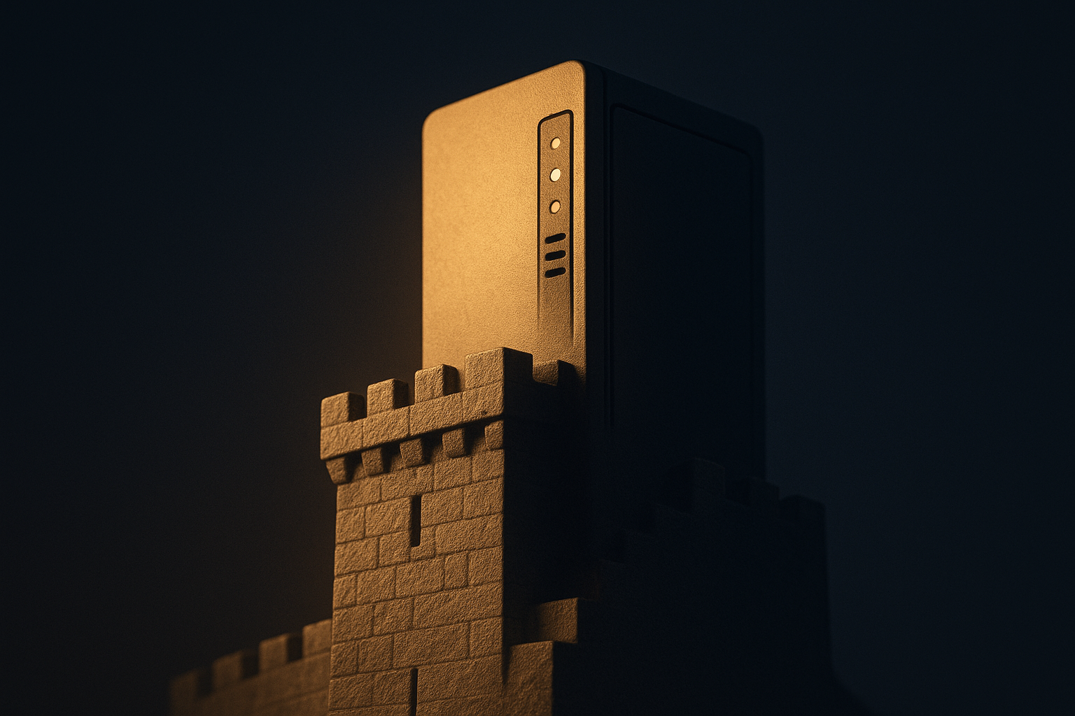 A fortress merging into a secure server, symbolising owned, protected hosting